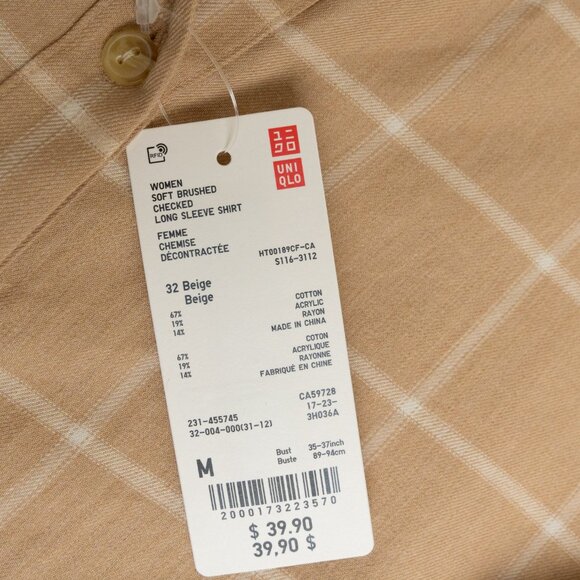 Uniqlo Soft Brushed Long Sleeve Shirt Plaid Checked Beige - Picture 6 of 12